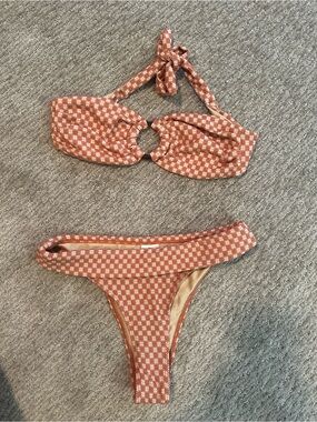 Rust Ditsy Ring-Front Bikini Set - Women's Swim